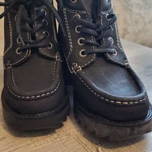 Nine West Sports Black Lace-Up Combat Boots with White Stitching